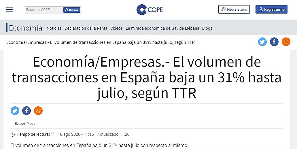 Economa/Empresas.- El volumen de transacciones en Espaa baja un 31% hasta julio, segn TTR